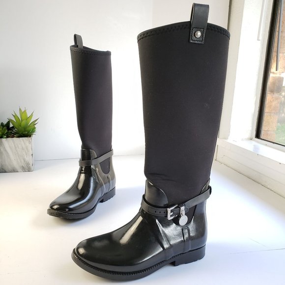 Michael Kors Black Rubber Tall Rain Boots Pull On Logo Charm Detail - Picture 2 of 15